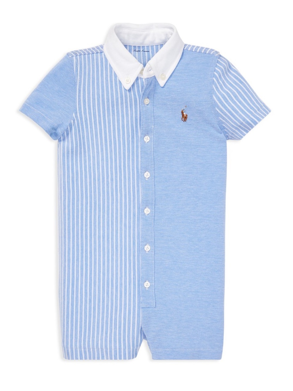 Ralph Lauren Infant Striped & Solid Polo Romper in Light Blue and White 24 mo